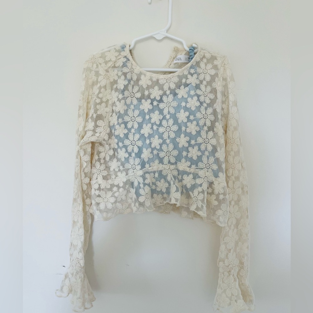 Zara Cream and Blue Floral Lace Blouse
